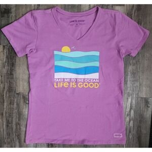 Life is Good Crusher Tee Womens Medium Purple Take Me To The Ocean V-Neck TShirt